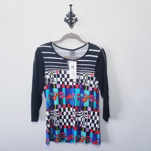 NWT Simply Art By Dolcezza Blouse Size S Wearable Art Abstract Top Hearts Stripe - Picture 1 of 3